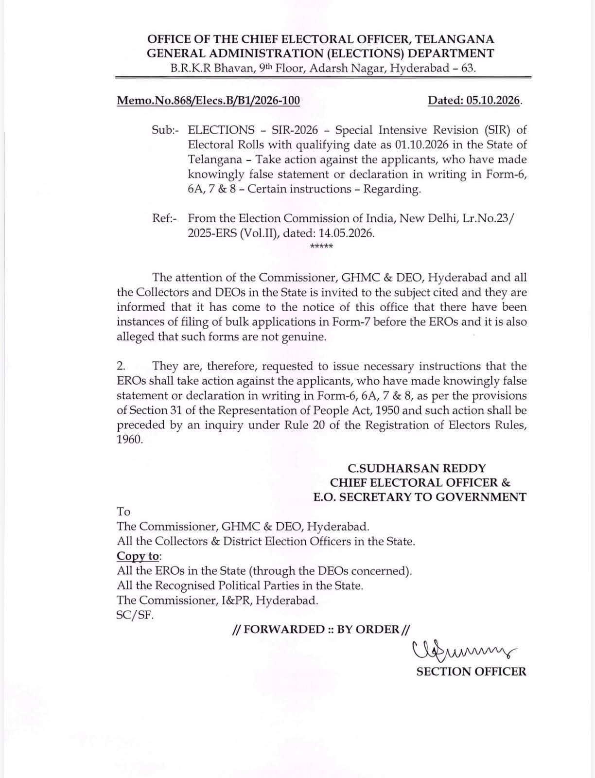 తెలంగాణలో నకిలీ ఓటర్ దరఖాస్తులపై ఎన్నికల సంఘం సీరియస్.. తప్పుడు వివరాలిచ్చిన వారిపై క్రిమినల్ చర్యలకు ఆదేశం!